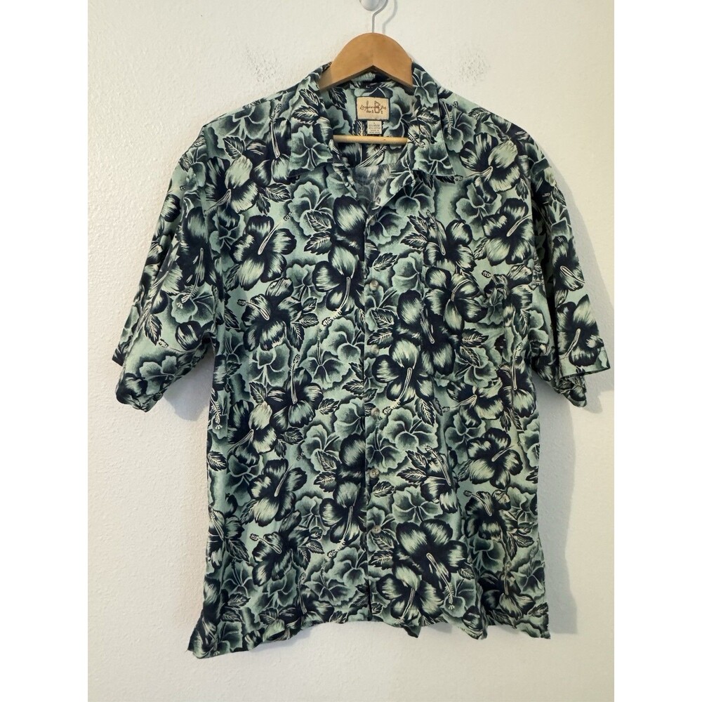 Vintage Linguine and Bob Shirt Mens Large Rayon Hawaiian Floral 90s Green Floral